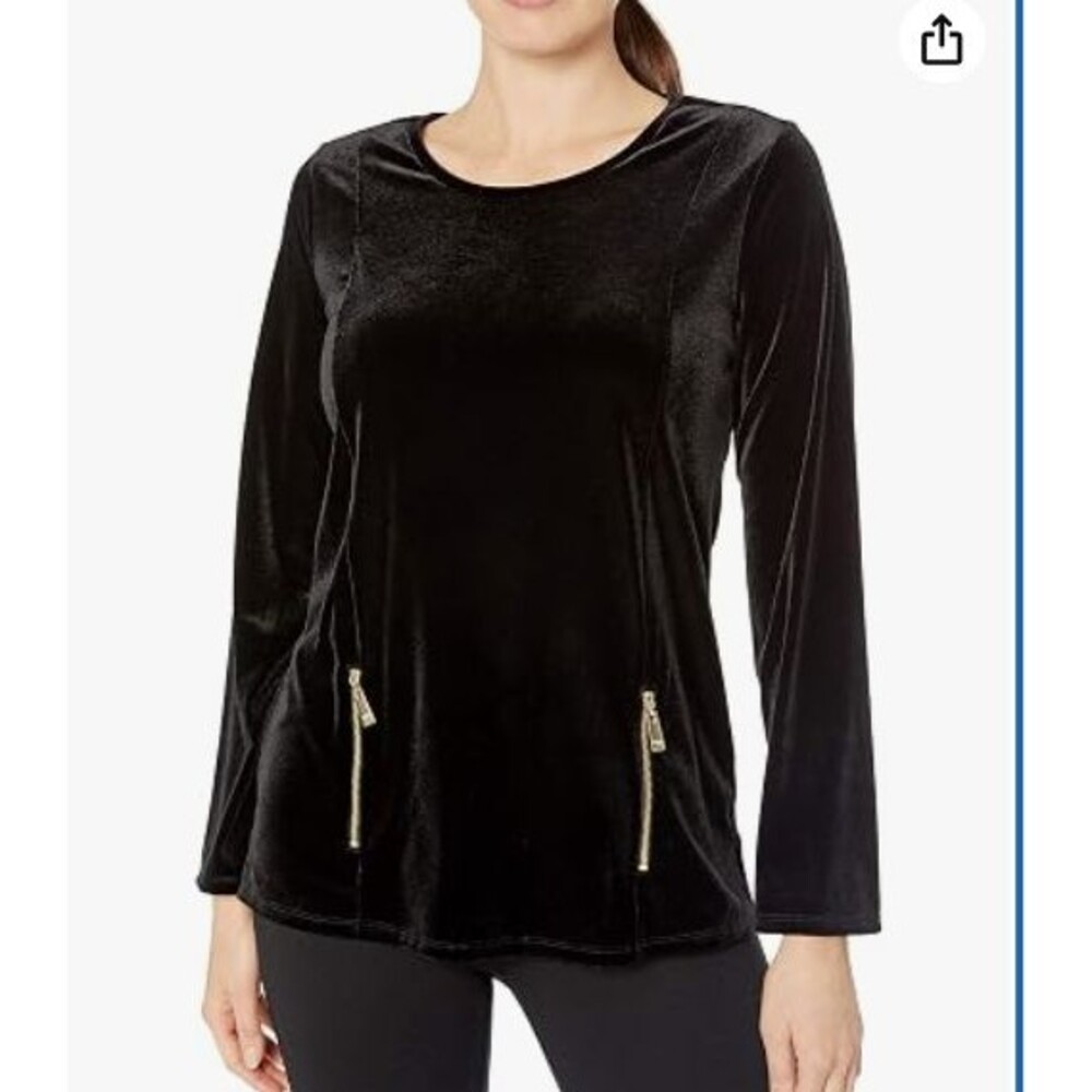 Chaus Velvet Long Sleeve Tunic Blouse-Medium-Gold Zipper Detail-Side Slits-Black